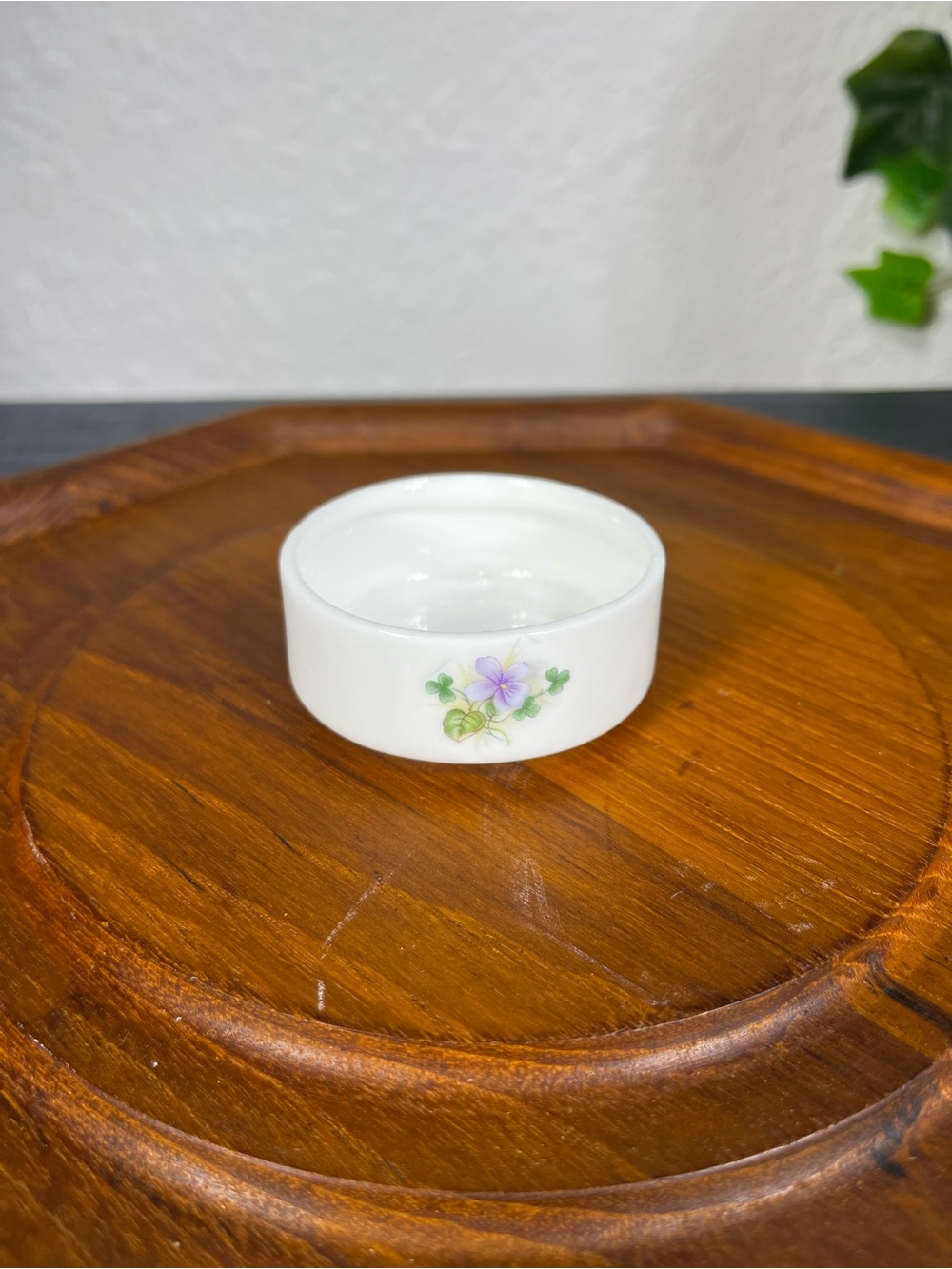 Vintage White Ceramic Trinket Dish with Purple Floral Design